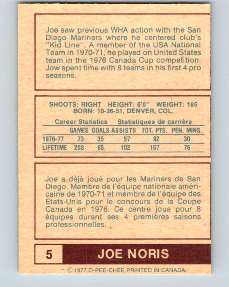 1977-78 WHA O-Pee-Chee #5 Joe Noris Birmingham Bulls V7808