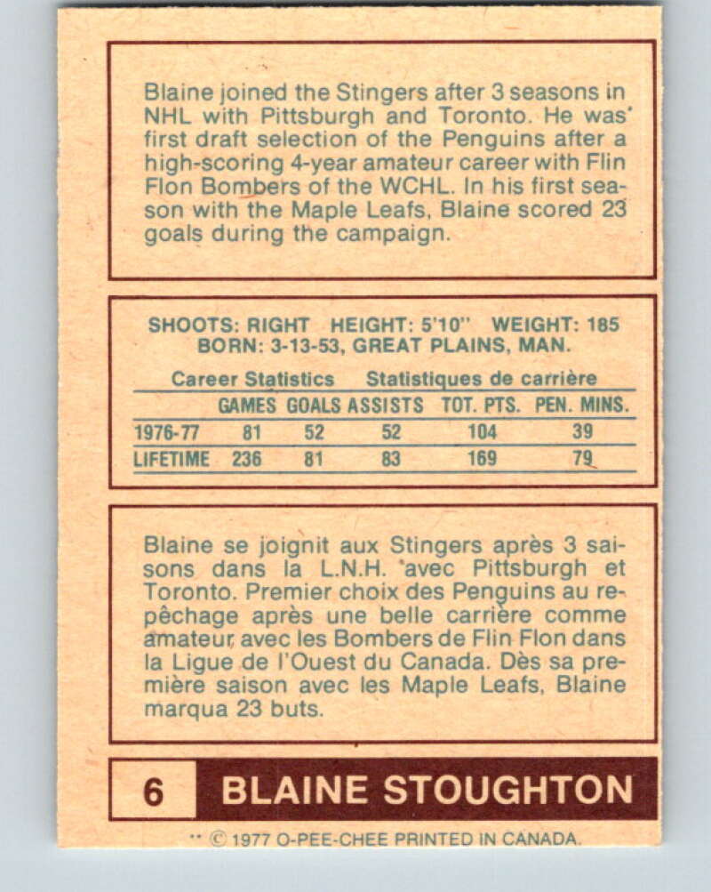 1977-78 WHA O-Pee-Chee #6 Blaine Stoughton Cincinnati Stingers V7809