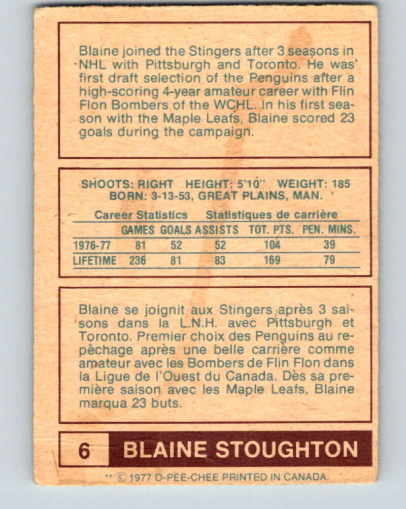 1977-78 WHA O-Pee-Chee #6 Blaine Stoughton Cincinnati Stingers V7810