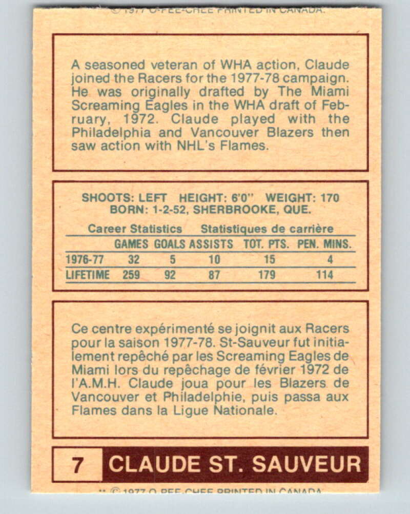 1977-78 WHA O-Pee-Chee #7 Claude St. Sauveur Indianapolis Racers V7813