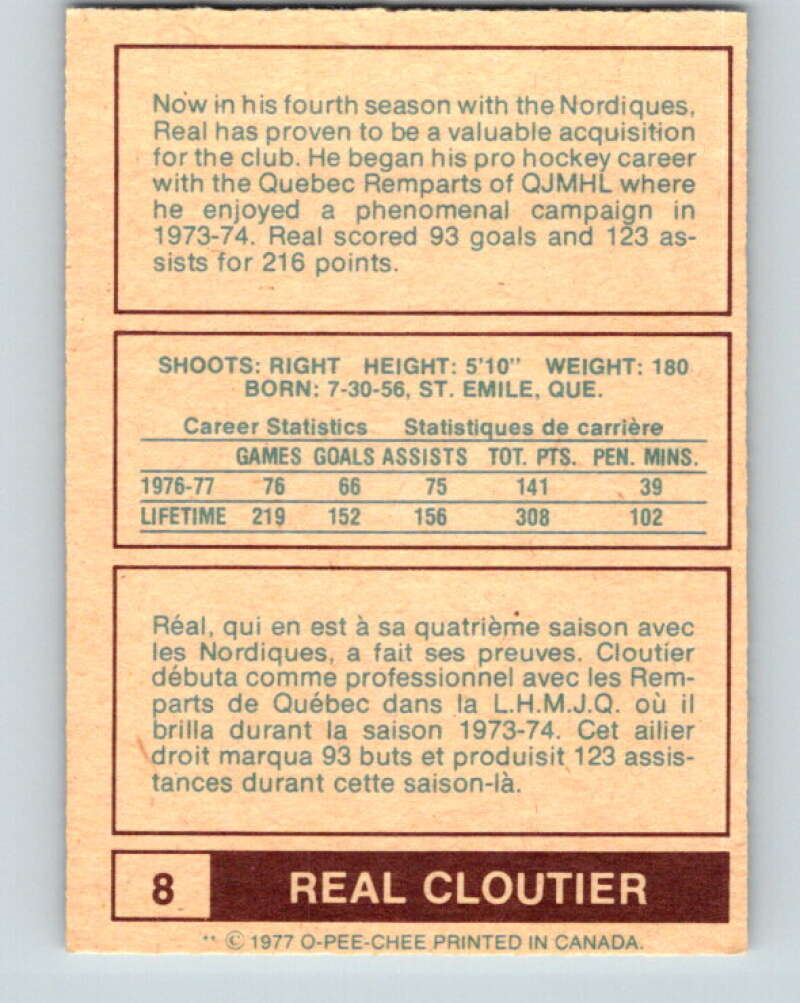 1977-78 WHA O-Pee-Chee #8 Real Cloutier  Quebec Nordiques  V7815