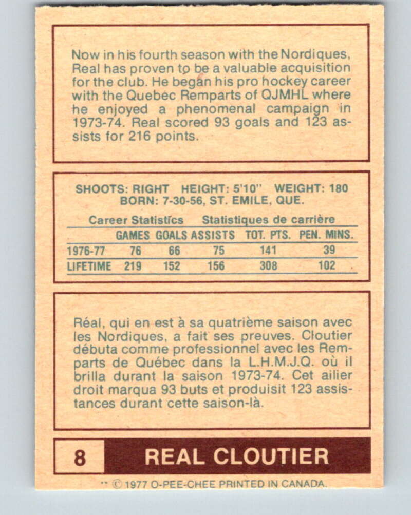 1977-78 WHA O-Pee-Chee #8 Real Cloutier Quebec Nordiques V7816