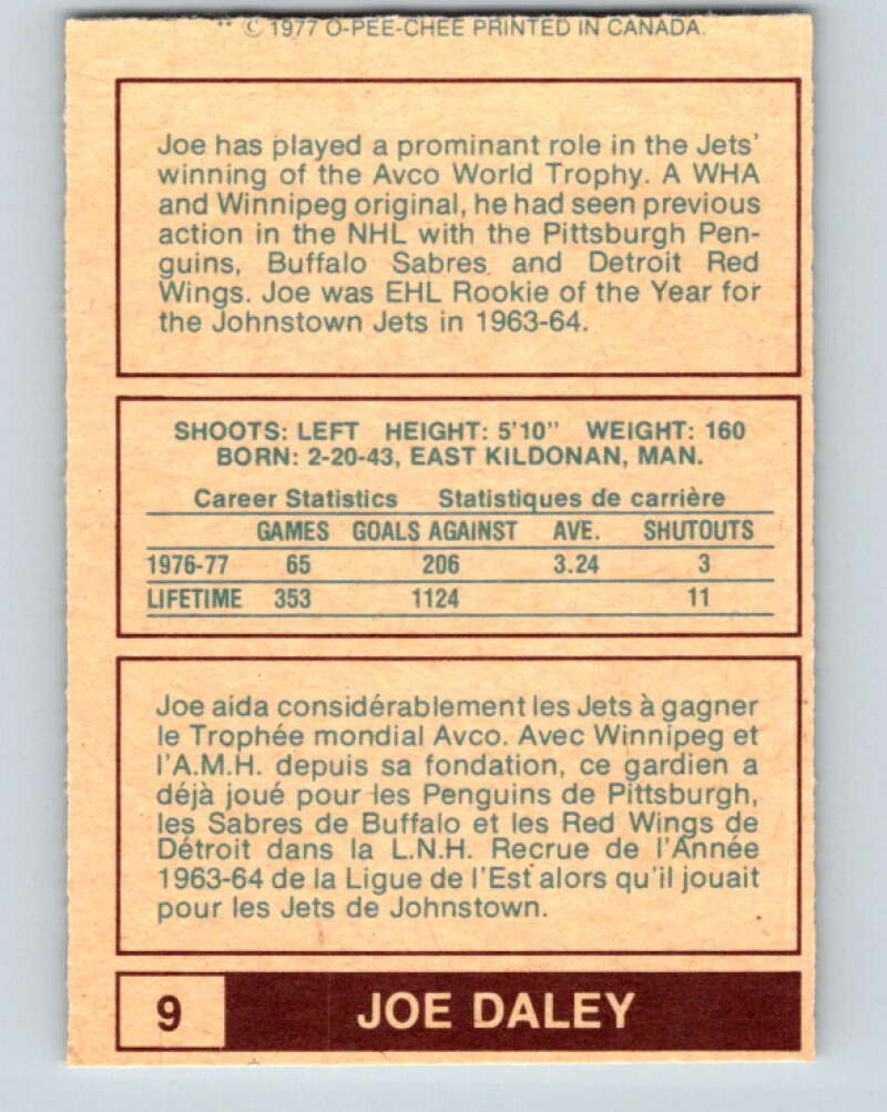1977-78 WHA O-Pee-Chee #9 Joe Daley Winnipeg Jets V7819