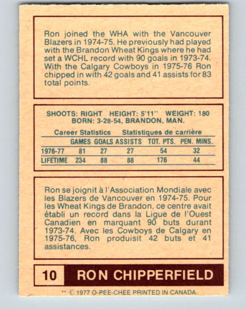 1977-78 WHA O-Pee-Chee #10 Ron Chipperfield Edmonton Oilers V7821