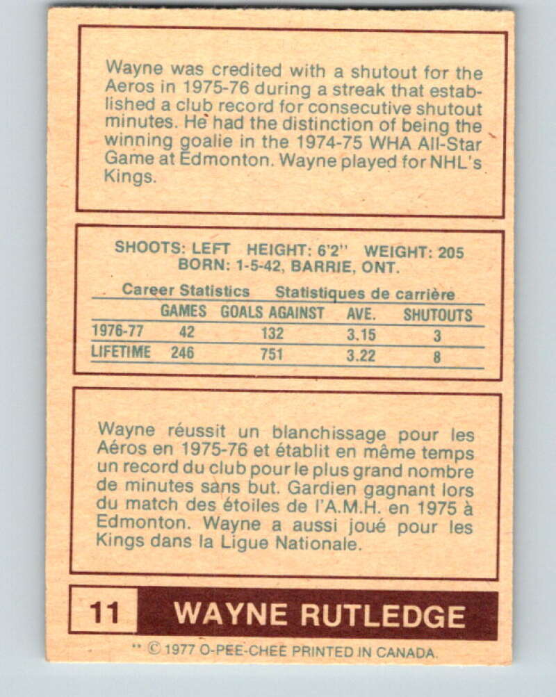 1977-78 WHA O-Pee-Chee #11 Wayne Rutledge Houston Aeros V7822