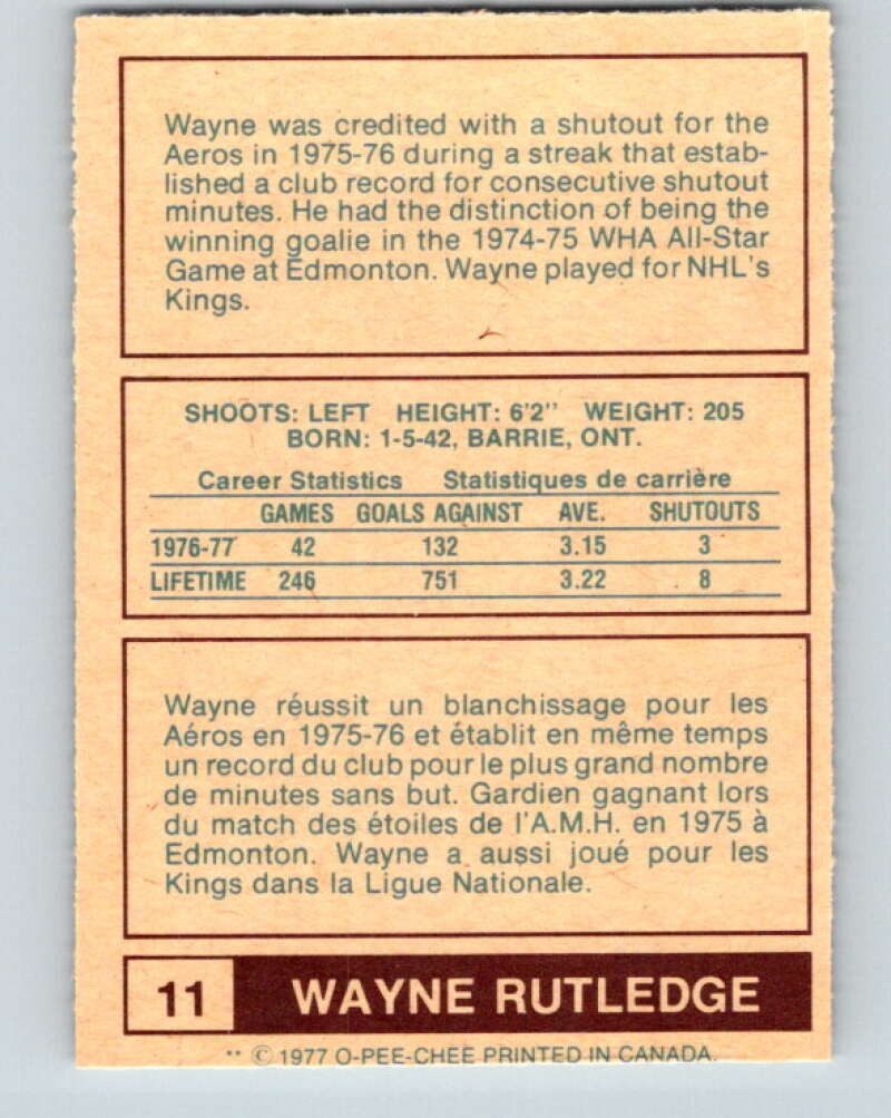 1977-78 WHA O-Pee-Chee #11 Wayne Rutledge Houston Aeros V7823