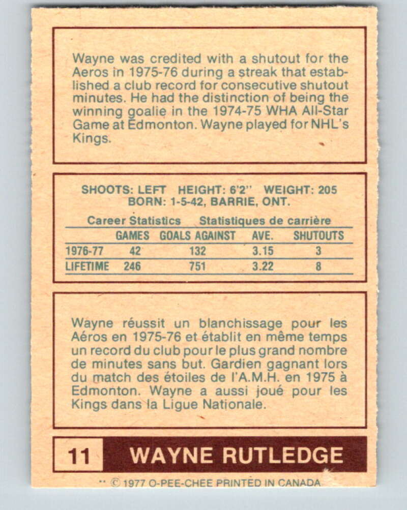 1977-78 WHA O-Pee-Chee #11 Wayne Rutledge Houston Aeros V7824