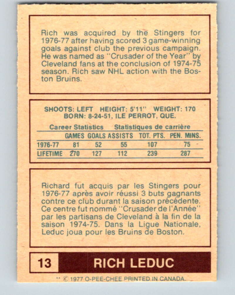 1977-78 WHA O-Pee-Chee #13 Rich Leduc Cincinnati Stingers V7825