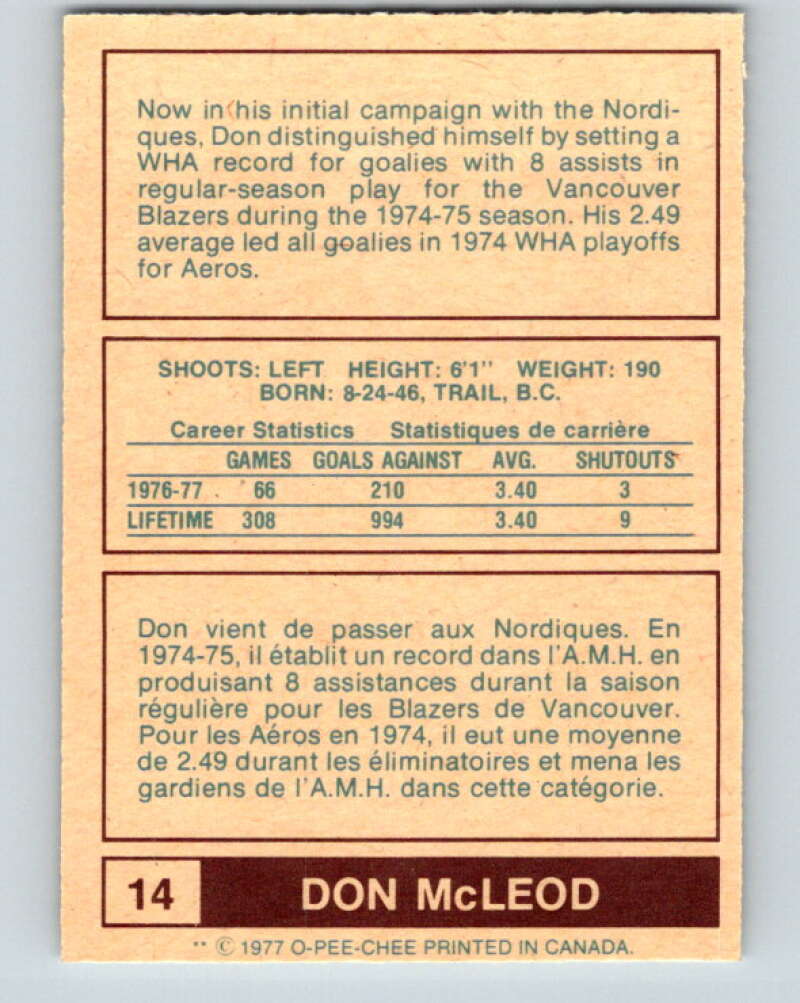 1977-78 WHA O-Pee-Chee #14 Don McLeod Quebec Nordiques V7826
