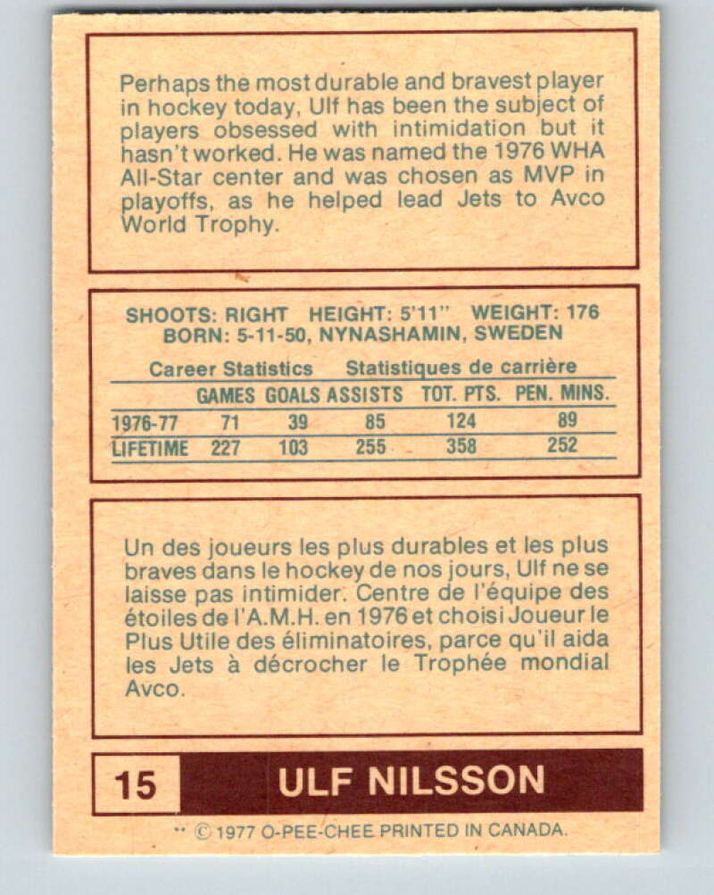 1977-78 WHA O-Pee-Chee #15 Ulf Nilsson Winnipeg Jets V7828