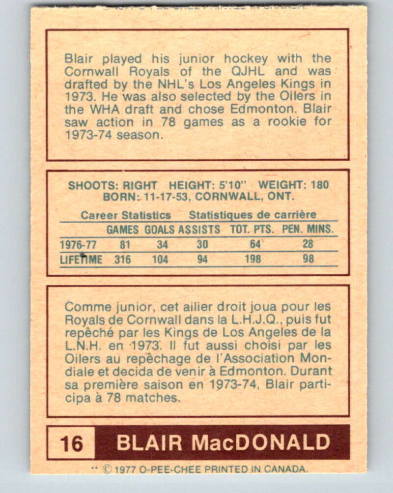1977-78 WHA O-Pee-Chee #16 Blair MacDonald Edmonton Oilers V7829