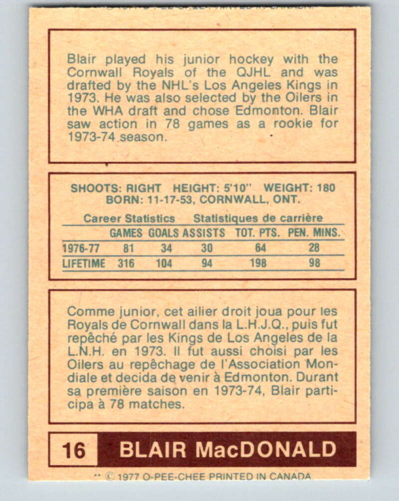 1977-78 WHA O-Pee-Chee #16 Blair MacDonald Edmonton Oilers V7830