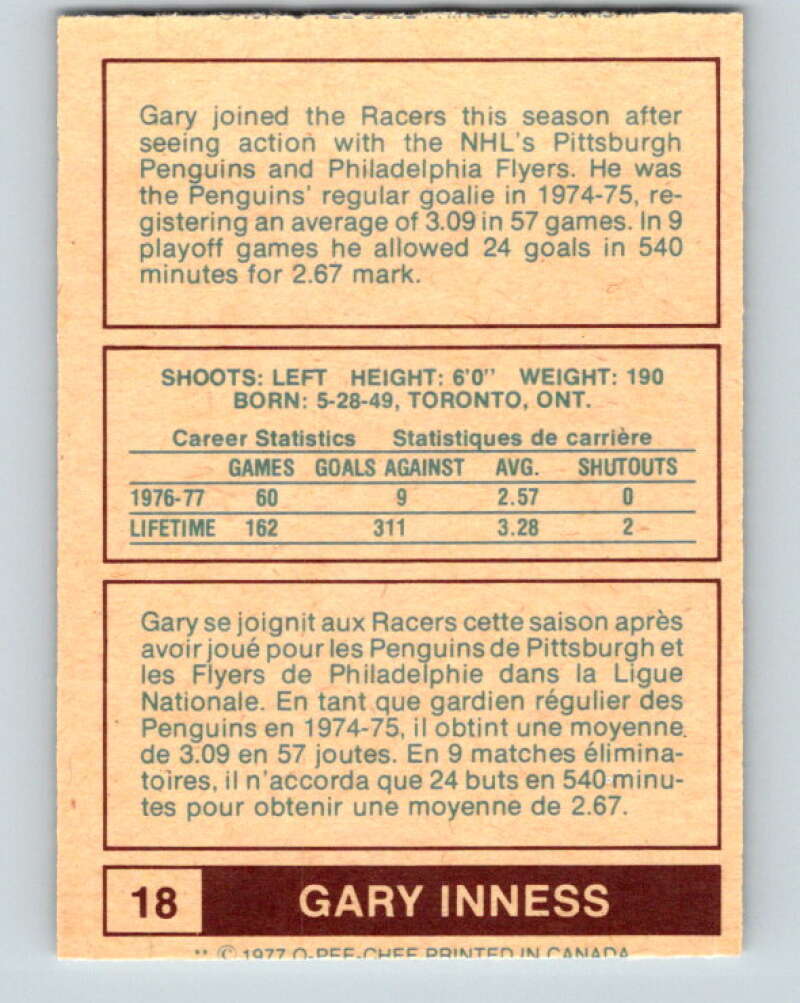 1977-78 WHA O-Pee-Chee #18 Gary Inness Indianapolis Racers V7831