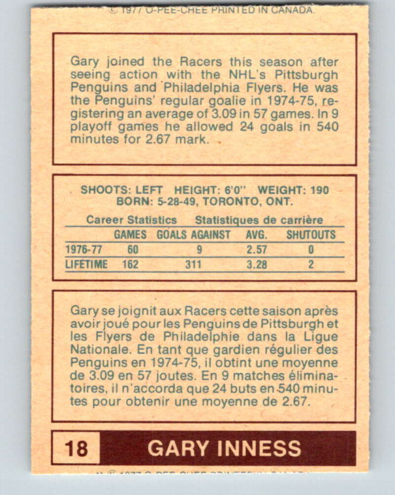 1977-78 WHA O-Pee-Chee #18 Gary Inness Indianapolis Racers V7832