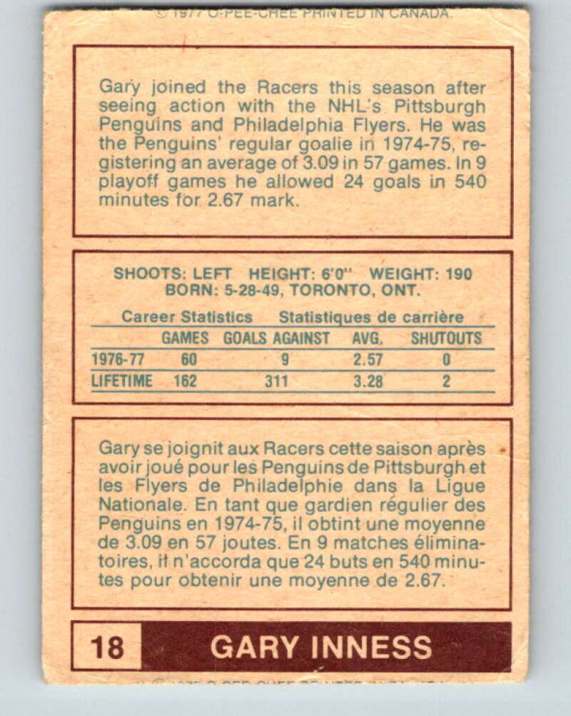 1977-78 WHA O-Pee-Chee #18 Gary Inness Indianapolis Racers V7833