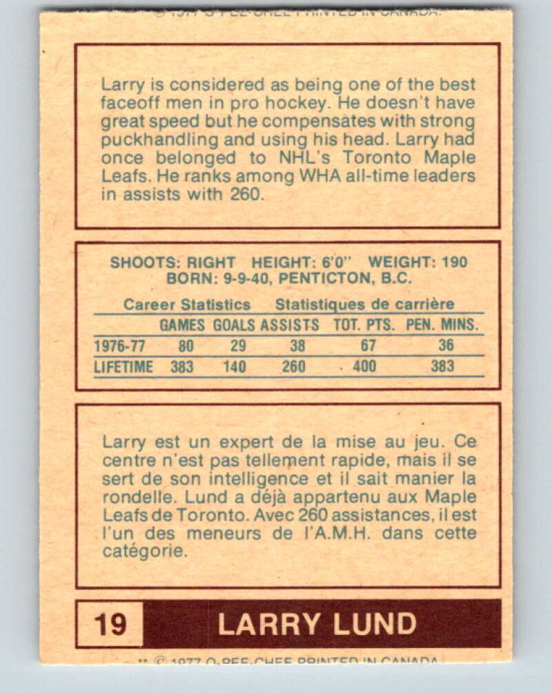 1977-78 WHA O-Pee-Chee #19 Larry Lund Houston Aeros V7834