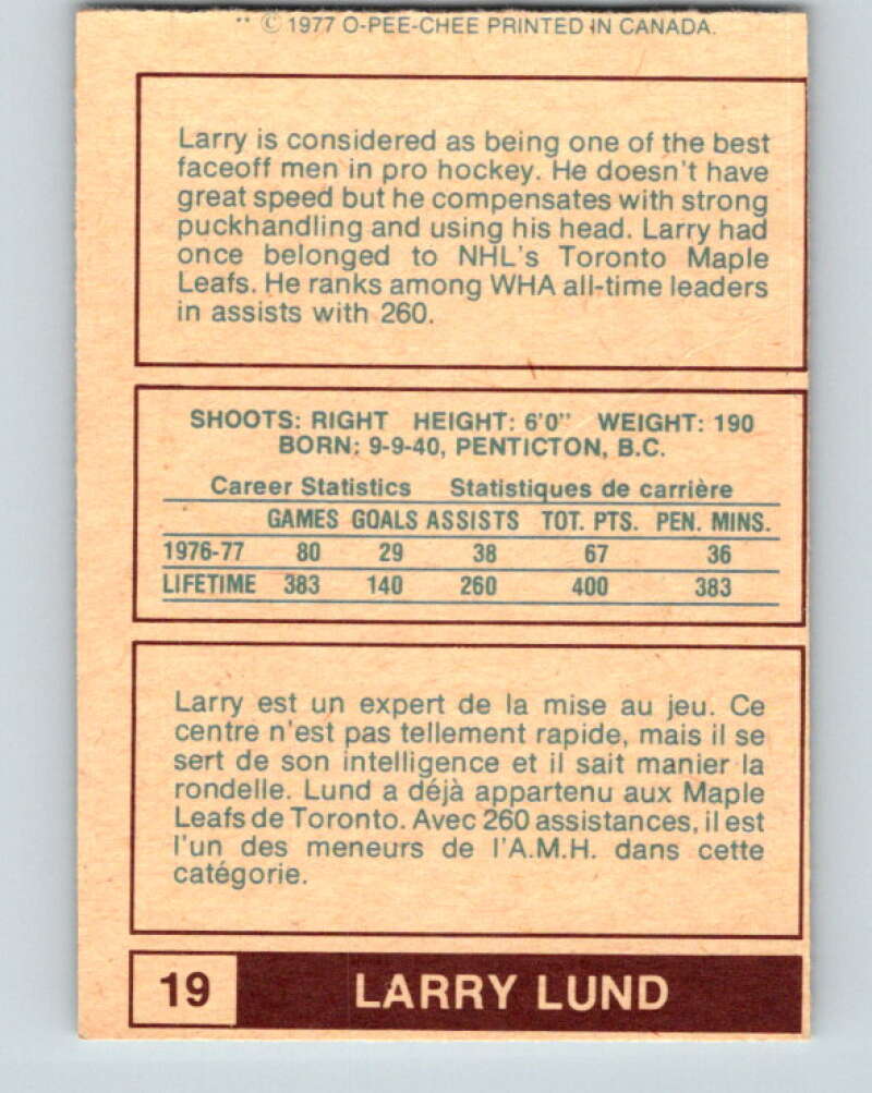 1977-78 WHA O-Pee-Chee #19 Larry Lund Houston Aeros V7835