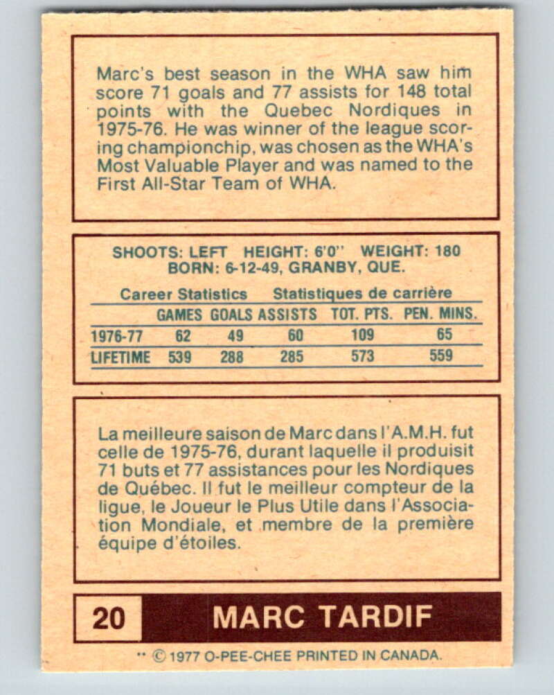 1977-78 WHA O-Pee-Chee #20 Marc Tardif Quebec Nordiques V7836