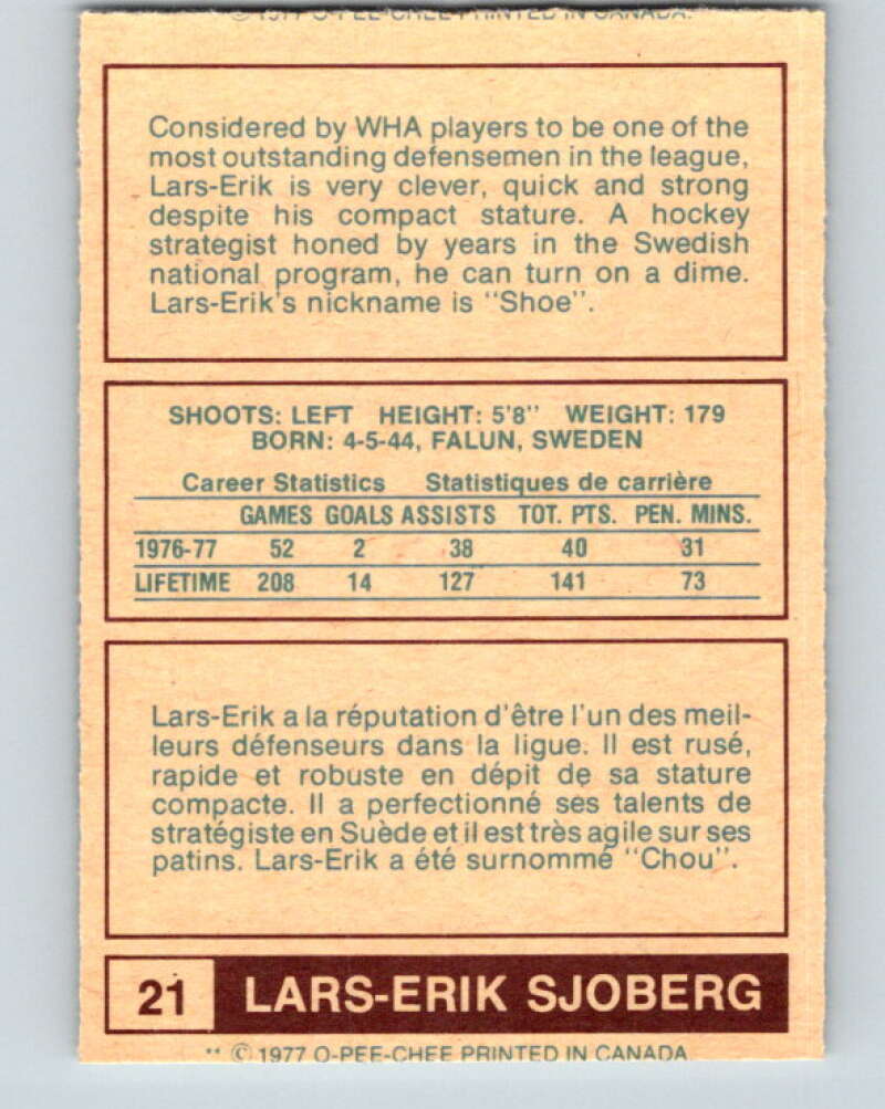 1977-78 WHA O-Pee-Chee #21 Lars-Erik Sjoberg Winnipeg Jets V7838