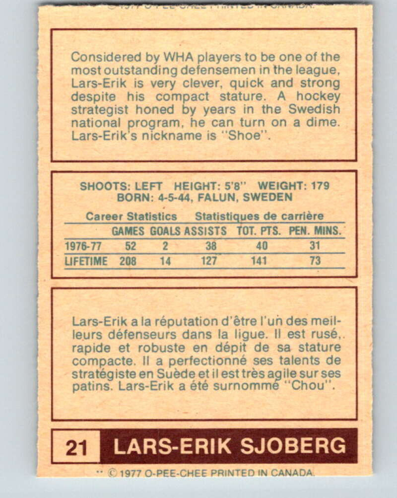 1977-78 WHA O-Pee-Chee #21 Lars-Erik Sjoberg Winnipeg Jets V7839
