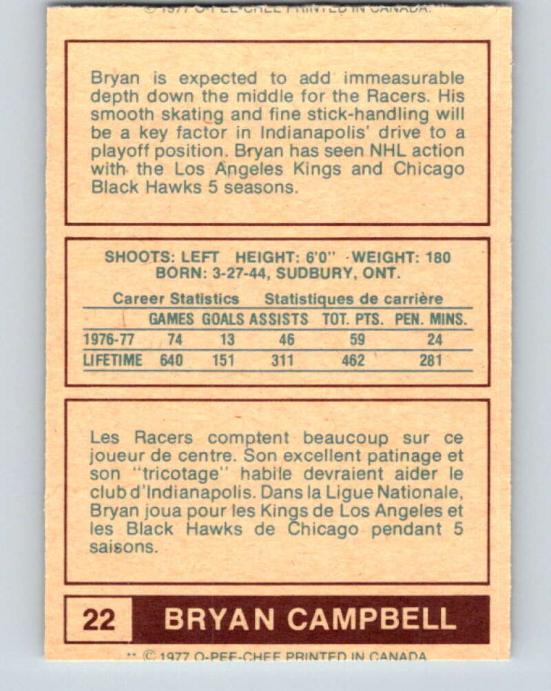 1977-78 WHA O-Pee-Chee #22 Bryan Campbell Edmonton Oilers V7841