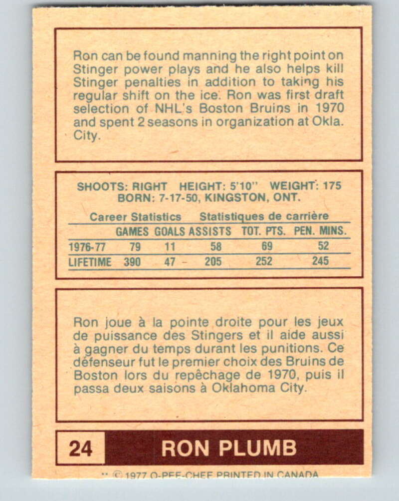 1977-78 WHA O-Pee-Chee #24 Ron Plumb Cincinnati Stingers V7843