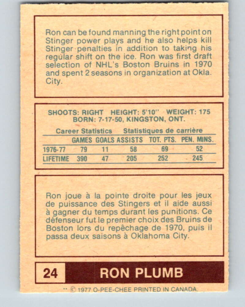 1977-78 WHA O-Pee-Chee #24 Ron Plumb Cincinnati Stingers V7844