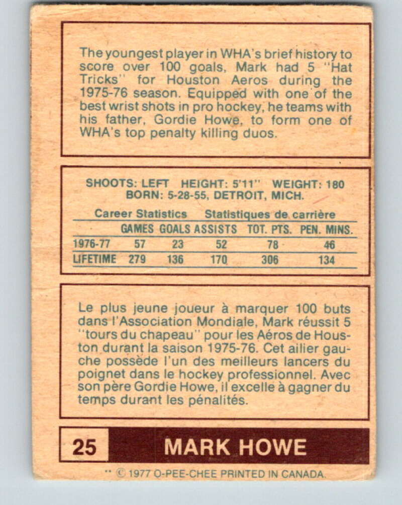 1977-78 WHA O-Pee-Chee #25 Mark Howe New England Whalers V7845