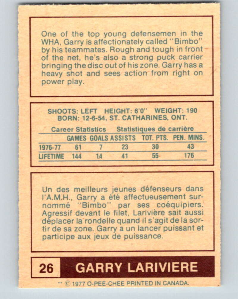 1977-78 WHA O-Pee-Chee #26 Garry Lariviere RC Rookie Quebec Nordiques V7848