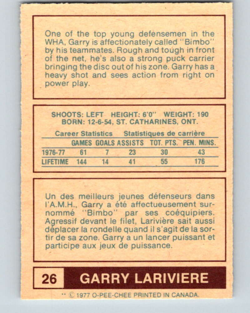 1977-78 WHA O-Pee-Chee #26 Garry Lariviere RC Rookie Quebec Nordiques V7849