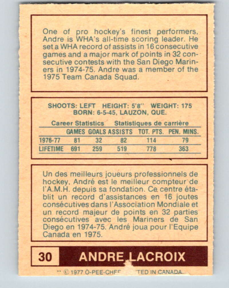 1977-78 WHA O-Pee-Chee #30 Andre Lacroix Houston Aeros V7853