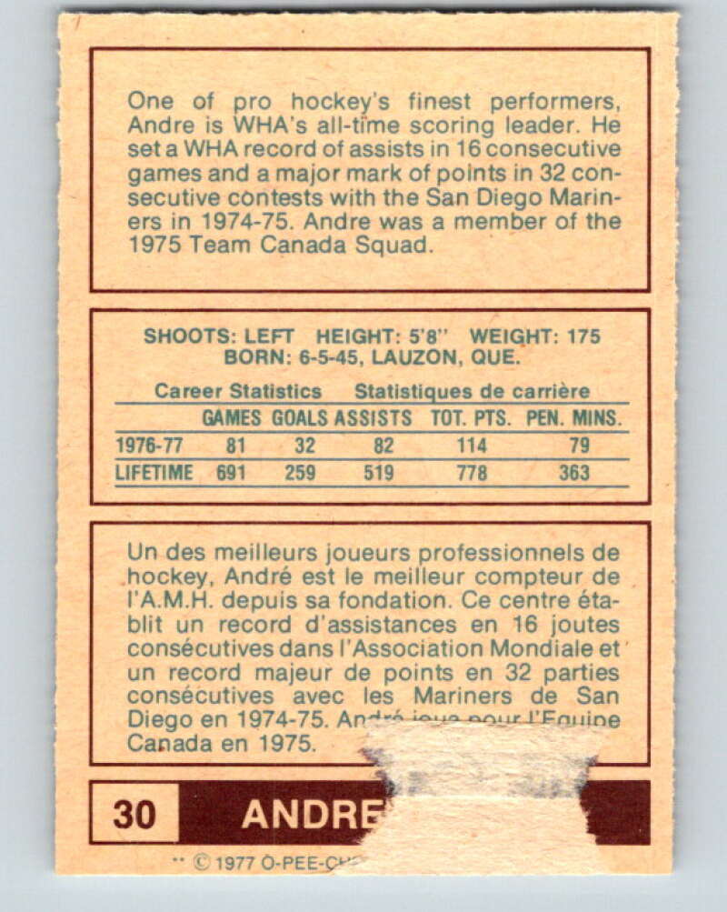 1977-78 WHA O-Pee-Chee #30 Andre Lacroix Houston Aeros V7854