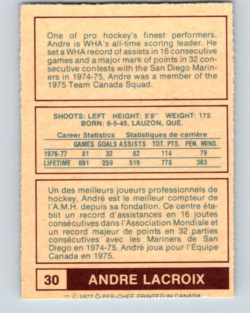 1977-78 WHA O-Pee-Chee #30 Andre Lacroix Houston Aeros V7855