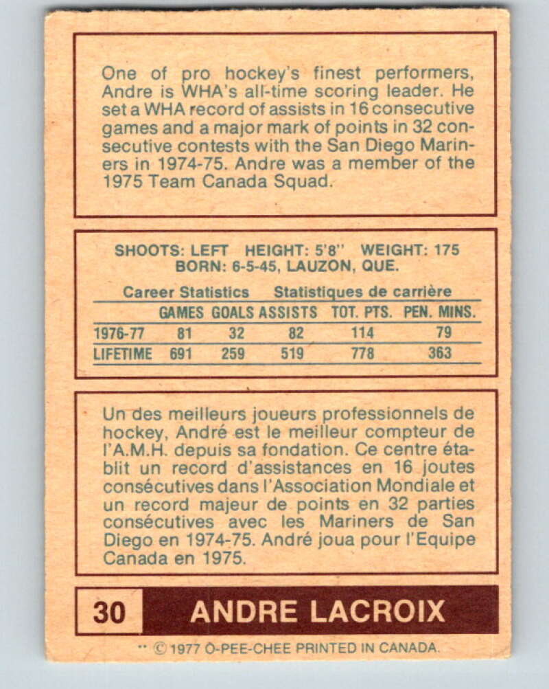 1977-78 WHA O-Pee-Chee #30 Andre Lacroix Houston Aeros V7856