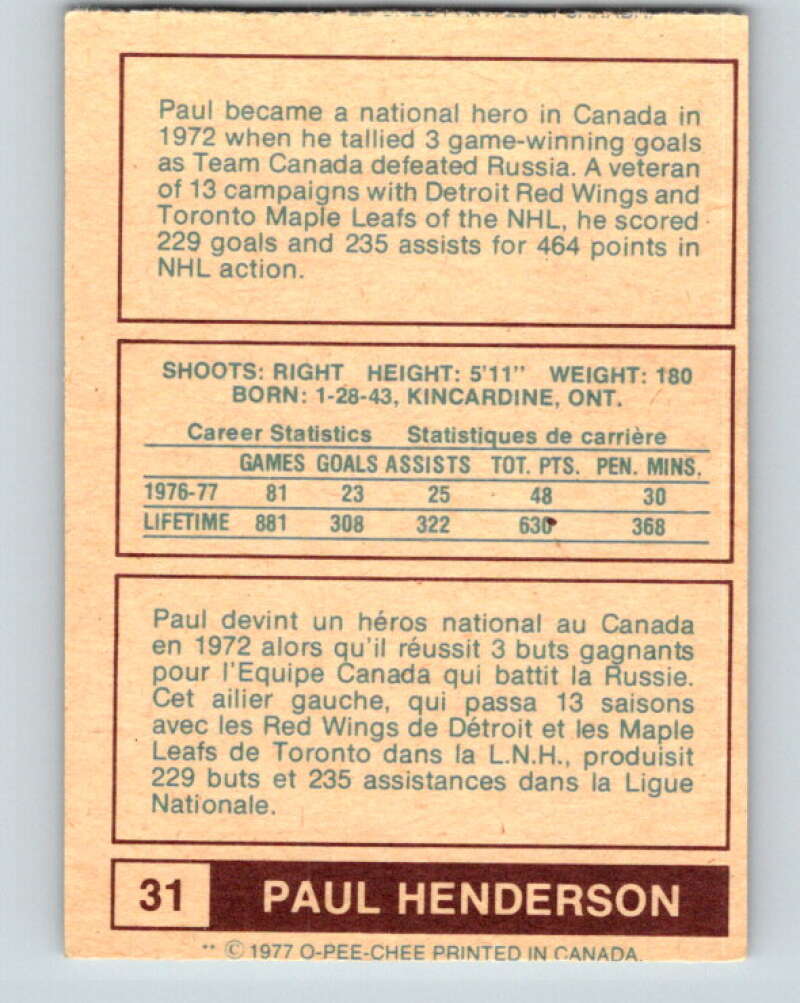 1977-78 WHA O-Pee-Chee #31 Paul Henderson Birmingham Bulls V7857