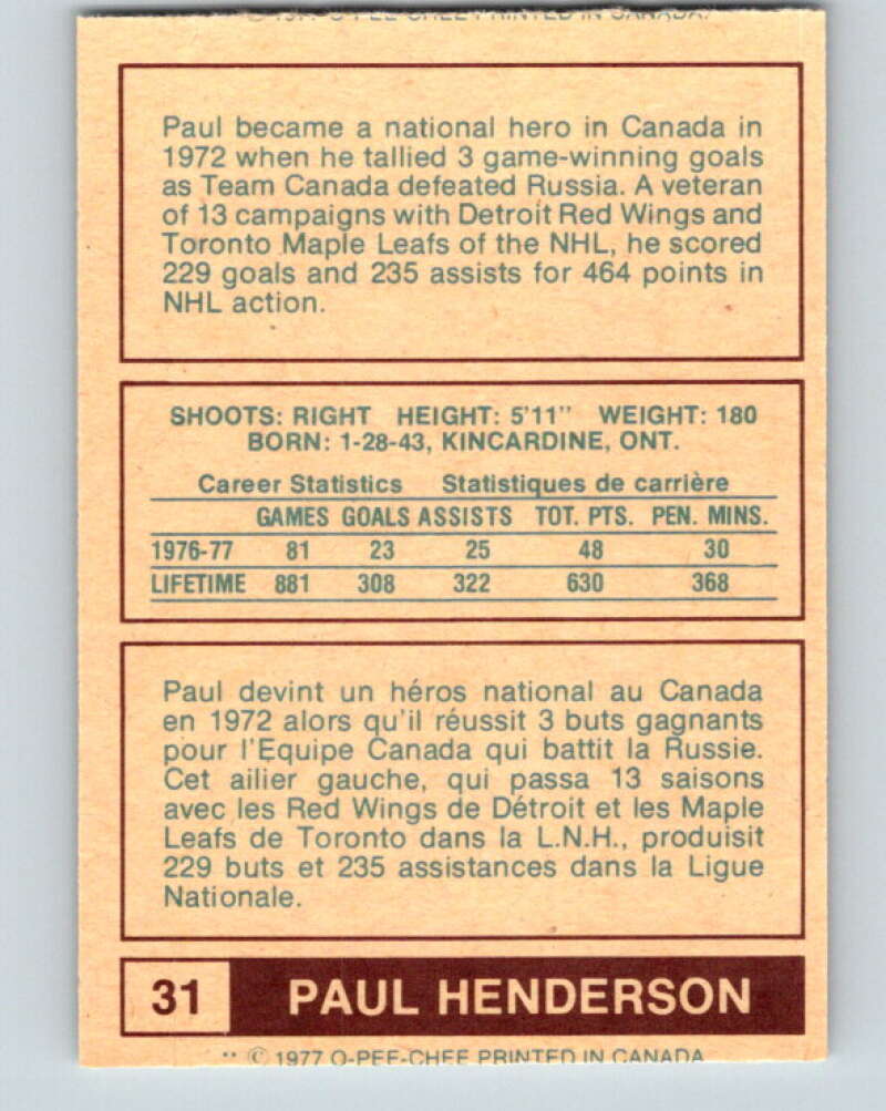 1977-78 WHA O-Pee-Chee #31 Paul Henderson Birmingham Bulls V7858