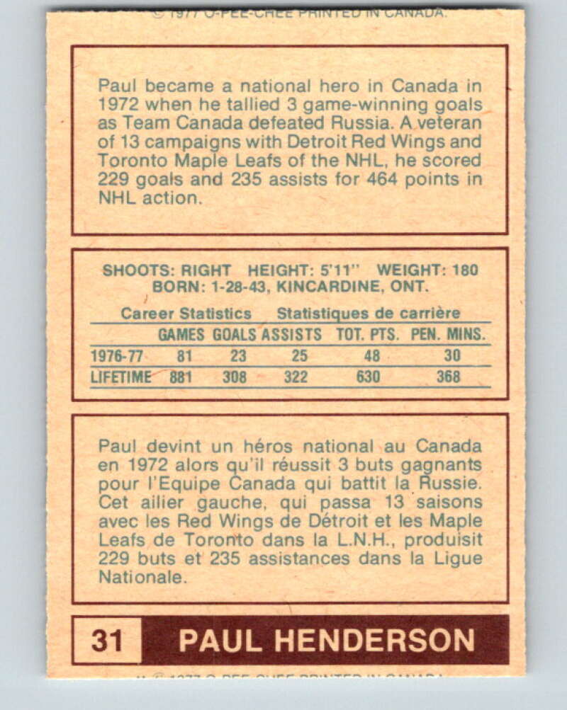 1977-78 WHA O-Pee-Chee #31 Paul Henderson Birmingham Bulls V7859