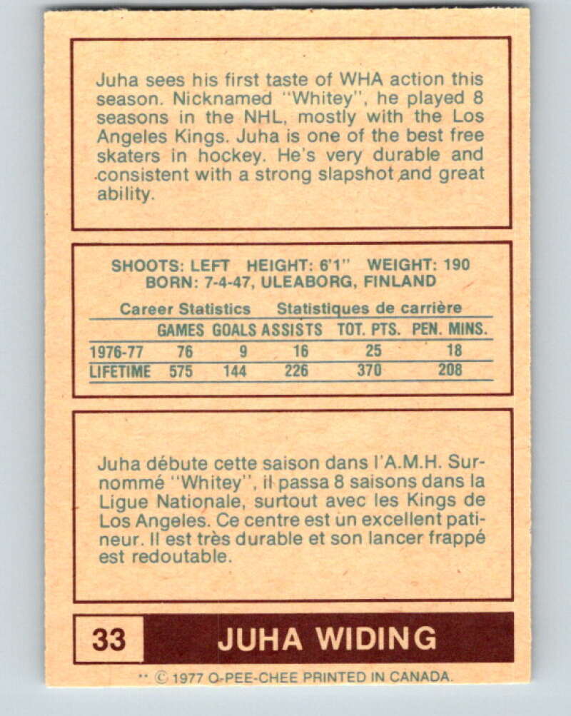 1977-78 WHA O-Pee-Chee #33 Juha Widing Edmonton Oilers V7864