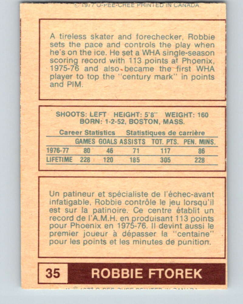 1977-78 WHA O-Pee-Chee #35 Robbie Ftorek Cincinnati Stingers V7868