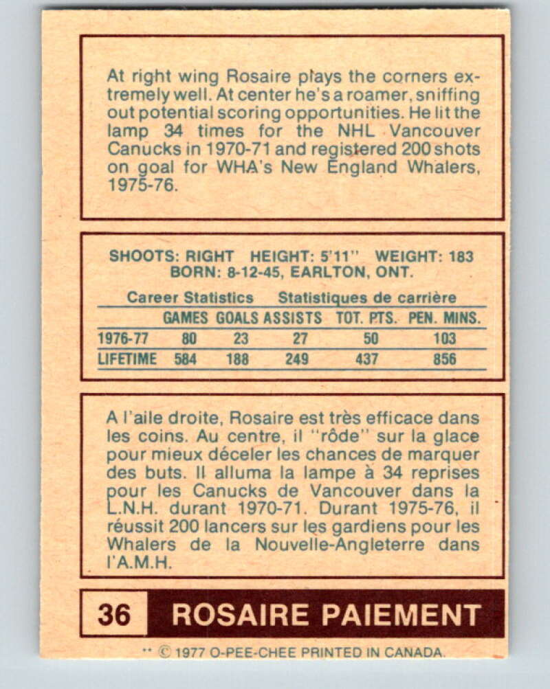 1977-78 WHA O-Pee-Chee #36 Rosaire Paiement  Indianapolis Racers  V7869