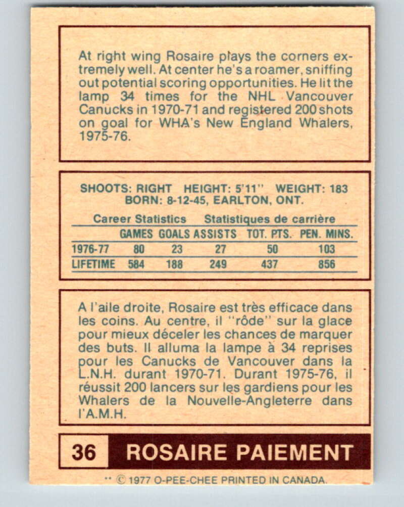 1977-78 WHA O-Pee-Chee #36 Rosaire Paiement Indianapolis Racers V7869