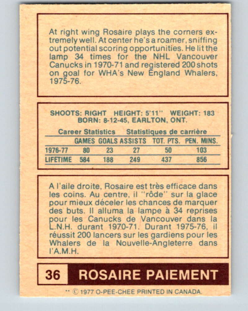 1977-78 WHA O-Pee-Chee #36 Rosaire Paiement Indianapolis Racers V7870