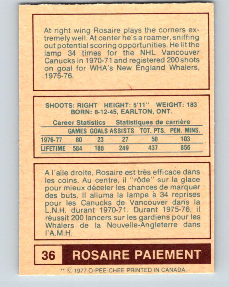 1977-78 WHA O-Pee-Chee #36 Rosaire Paiement Indianapolis Racers V7871