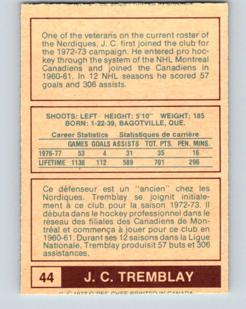 1977-78 WHA O-Pee-Chee #44 J.C. Tremblay Quebec Nordiques V7878