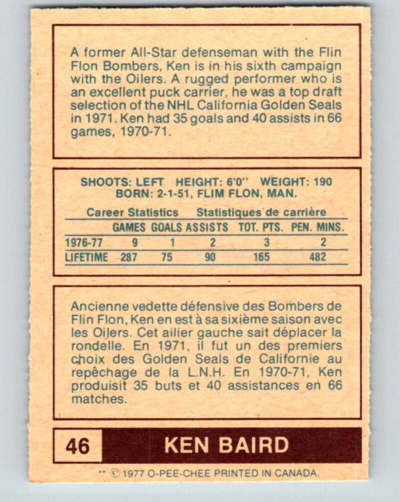 1977-78 WHA O-Pee-Chee #46 Ken Baird Edmonton Oilers V7883