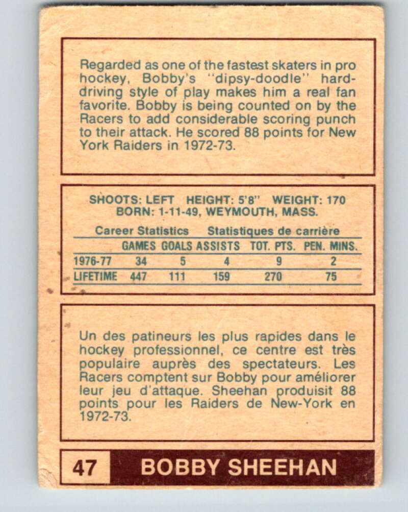 1977-78 WHA O-Pee-Chee #47 Bobby Sheehan Indianapolis Racers V7886