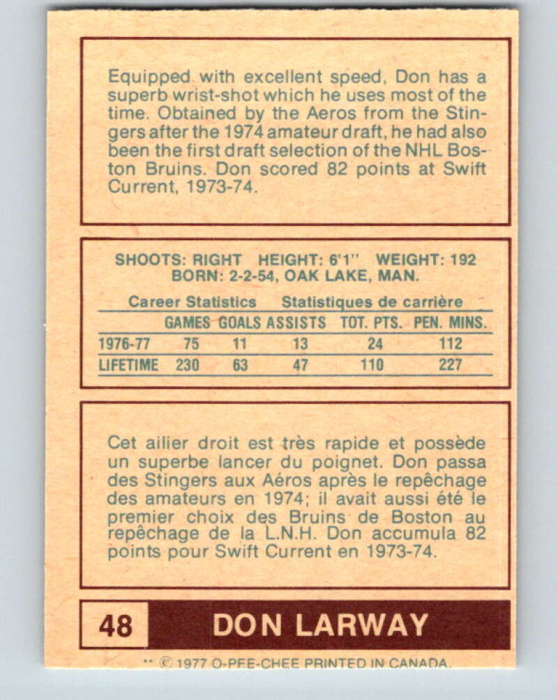 1977-78 WHA O-Pee-Chee #48 Don Larway RC Rookie Houston Aeros V7887