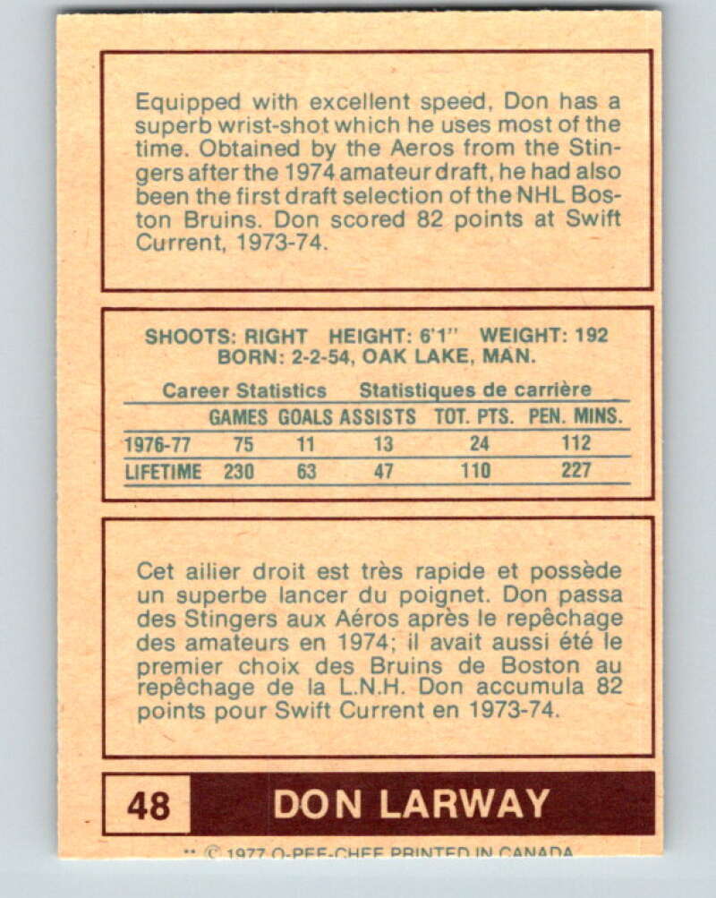 1977-78 WHA O-Pee-Chee #48 Don Larway RC Rookie Houston Aeros V7888