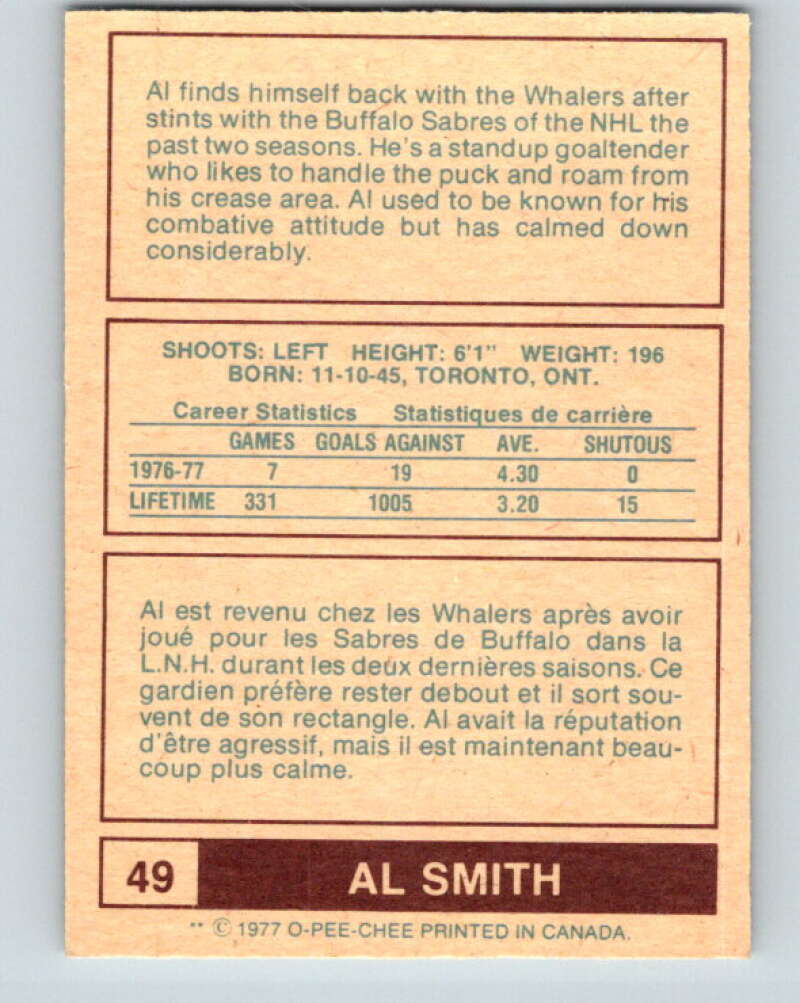 1977-78 WHA O-Pee-Chee #49 Al Smith New England Whalers V7889