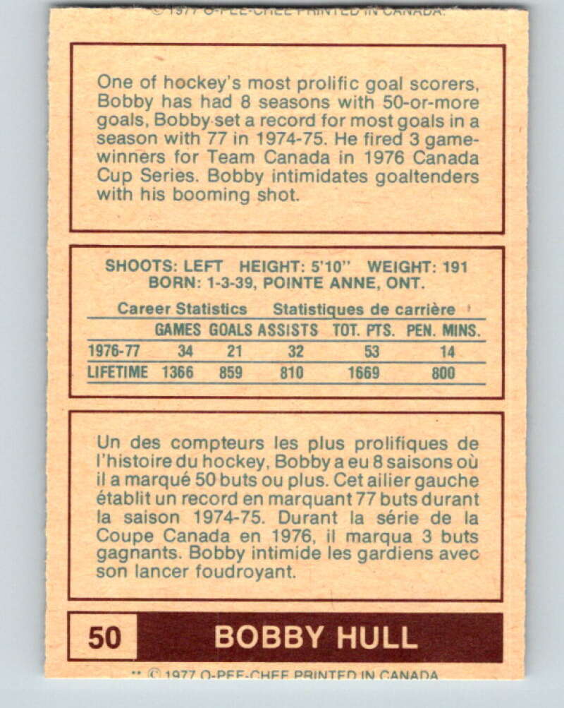 1977-78 WHA O-Pee-Chee #50 Bobby Hull Winnipeg Jets V7893